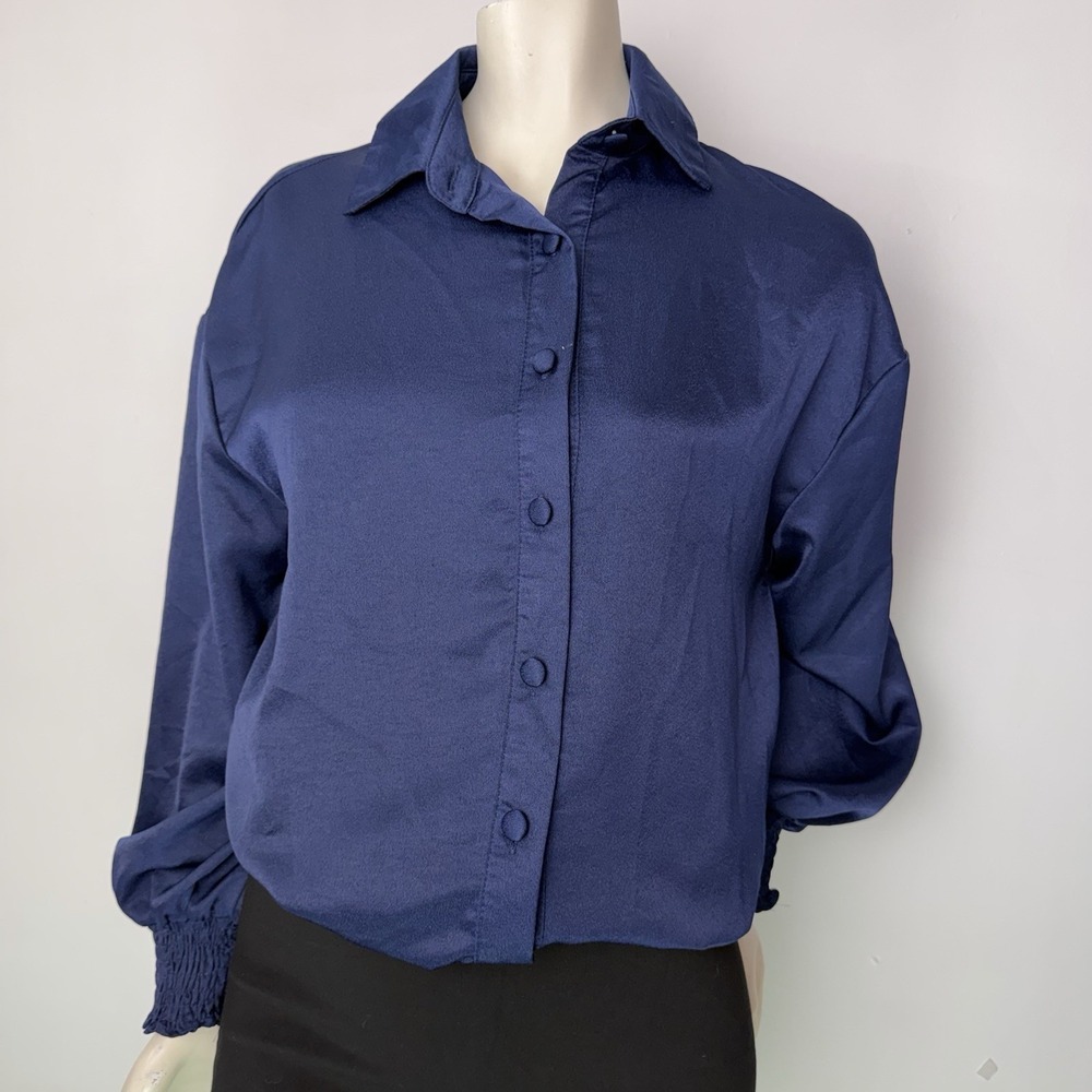 Pretty Little Thing Satin Blouse Balloon Sleeve Navy Blue Oversized Office Top 0